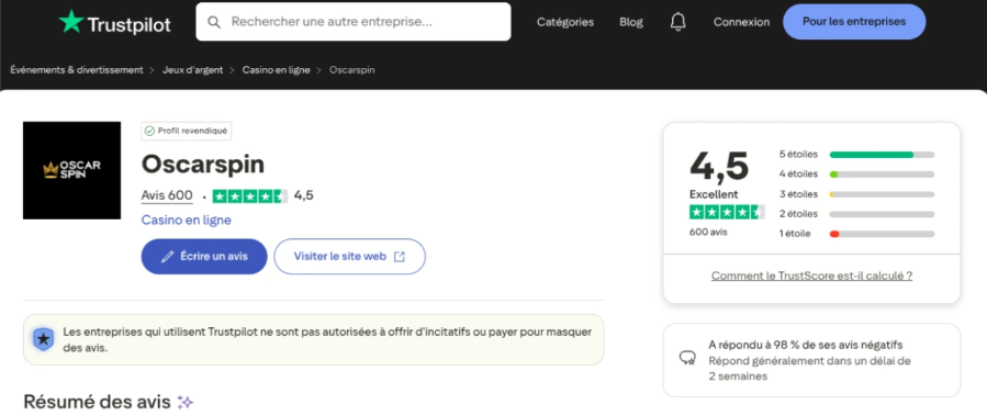 Oscarspin Trustpilot